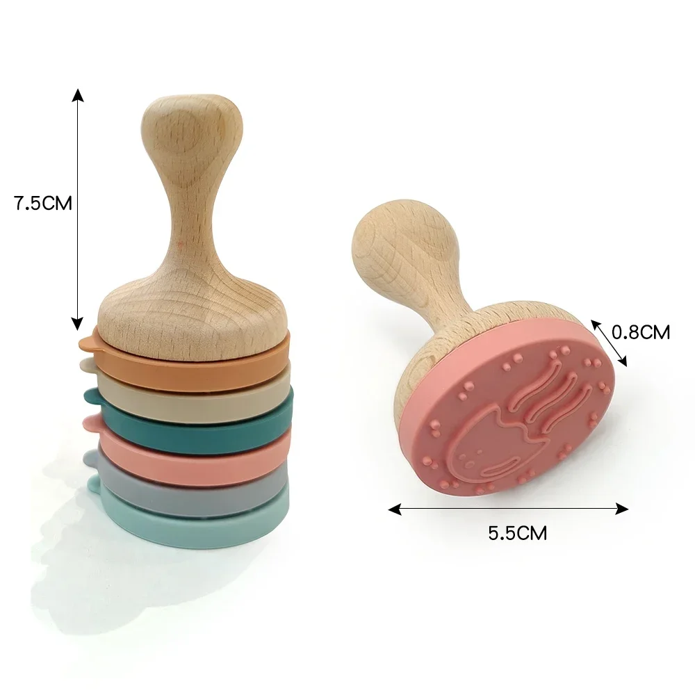Children's Toy Environmental Cartoon Handle Round Wooden Silicone Stamp For Kids