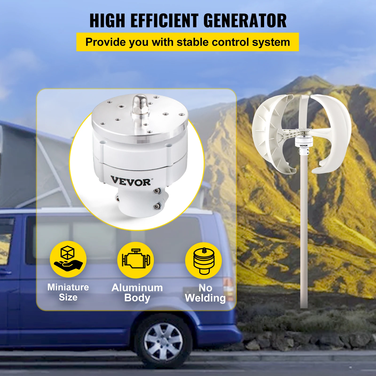 BuoQua Aerogenerador 600W 12V Generador de Turbina Eólica Linterna Blanca Generador de Viento Vertical 5 hojas