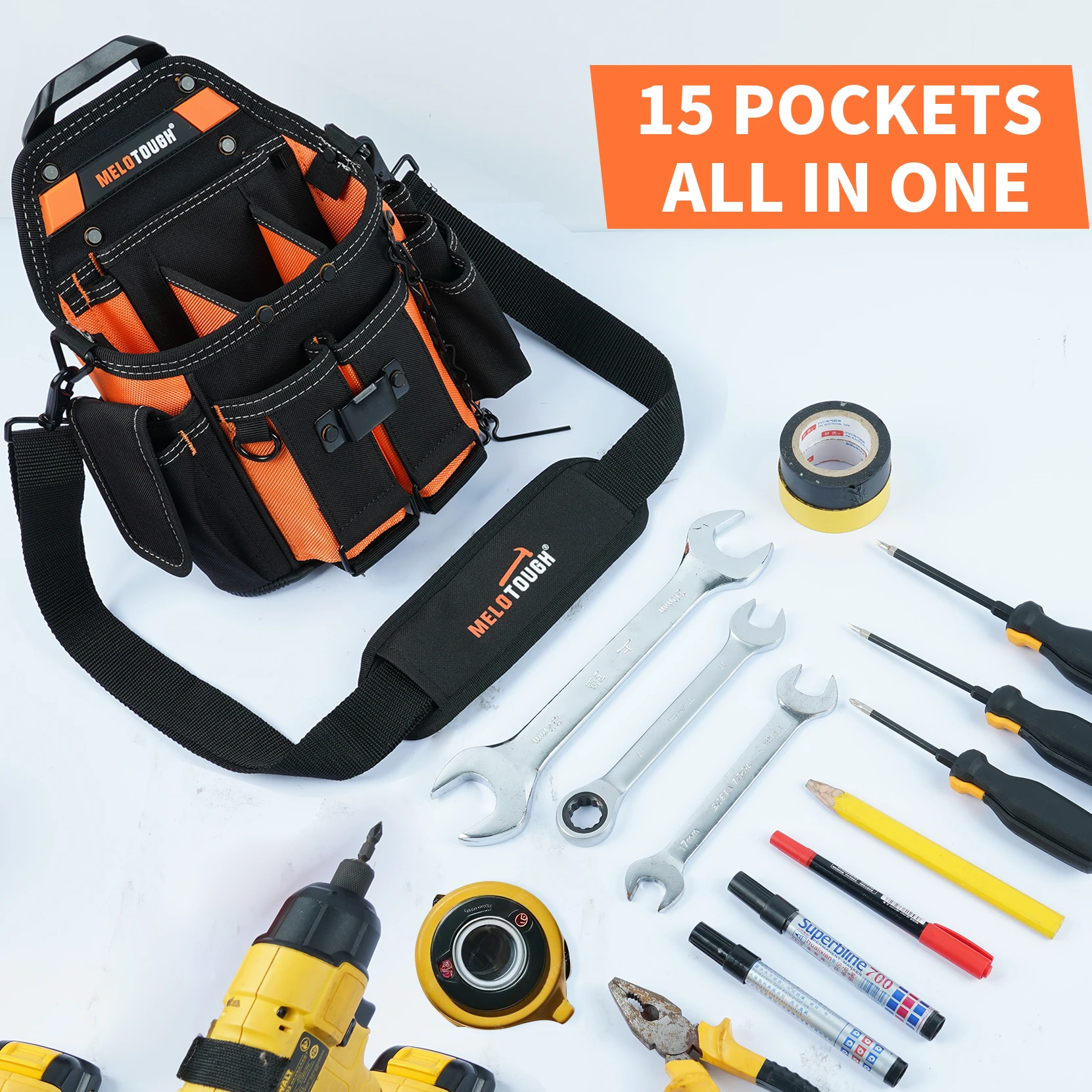 MELOTOUGH Electrician's Tool Bag with Shoulder Strap Professional 15 Compartment Tool Bag Quick Load Tool Bag 4