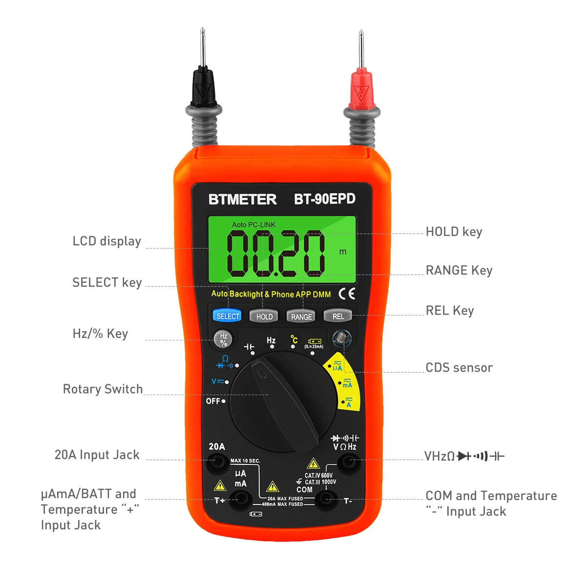 Bluetooth APP Digital Multimeter BT-90EPD Auto Ranging Multi-Tester 4000 Counts Data Logging on Mobile Phone for AC/DC Voltage