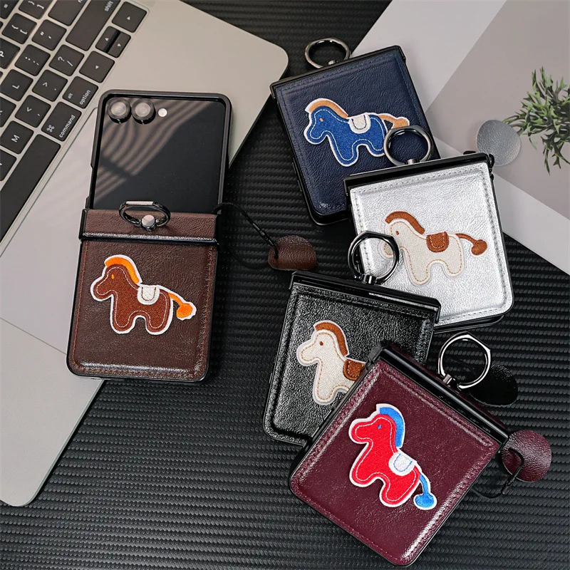 Premium PU Leather Embroidered Horse Folding Phone Case with Finger Ring Holder