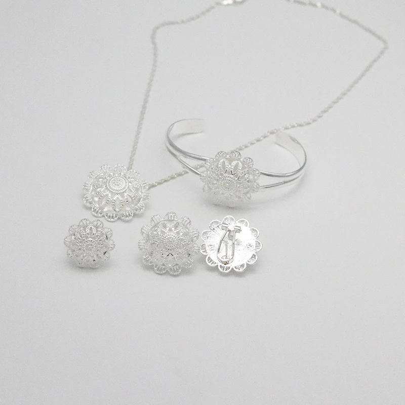 Fashion Hairpin Bridal Jewelry Africa Ethiopian Ring Set Ladies Jewelry Set Silver Chain Necklace Clip Bridal Jewelry