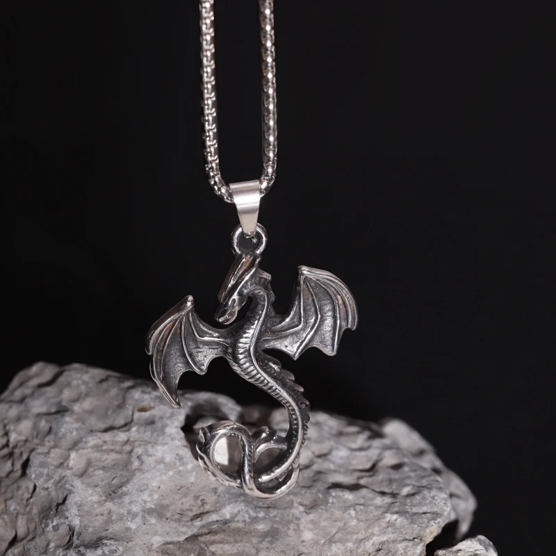 

Stainless Steel Skull Dragon Wings Pendant Necklace Men Punk Rock Jewelry Gift