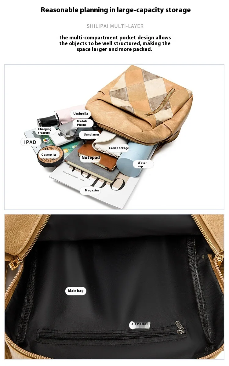 Women's Retro Backpack Pu Leather Diamond Grid Travel Rucksack_voghion.com