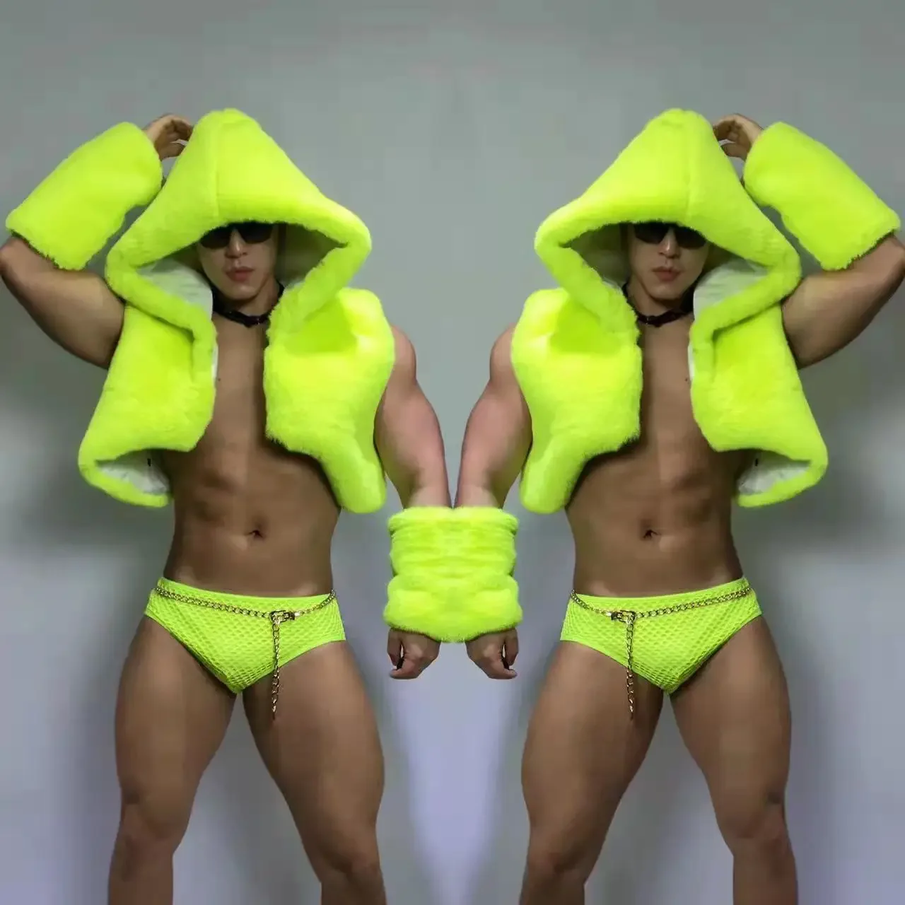 

Fluorescent green Faux Fur Hooded Vest Shorts Cuff Rave Nightclub Sexy DJ Gogo Dance Costume Male Team Dancer Stage Wear