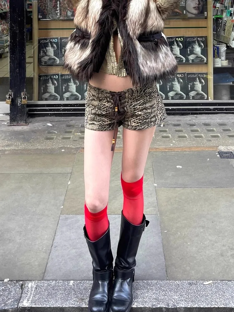 QWEEK Leopard Print Jean Shorts Women American Vintage Y2k Sexy Streetwear Mini Shorts Low Waist Wide Leg Denim Pants Summer New