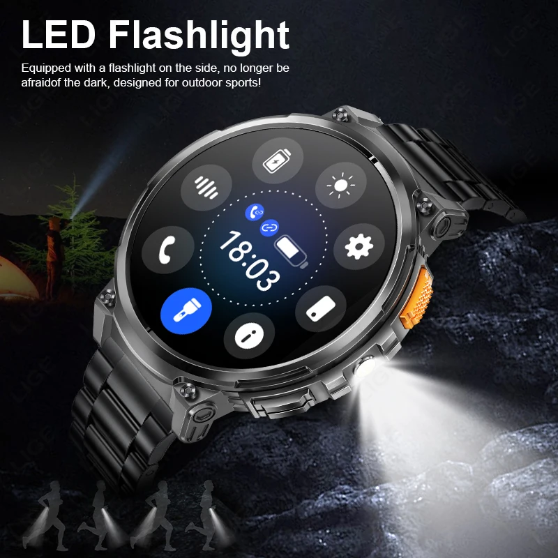 LIGE 1.85"HD Screen Outdoor Sport Smartwatch Men Heart Rate Flashlight Watch 730mAh Battery Waterproof Wireless Call Smart Watch 6