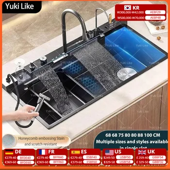 ชุดก๊อกน้ำดิจิตอลพร้อมอ่างล้างจานสแตนเลสแบบน้ำตก ลายนูน ขนาดใหญ่พิเศษ อ่างเดี่ยว หลายแบบ 1