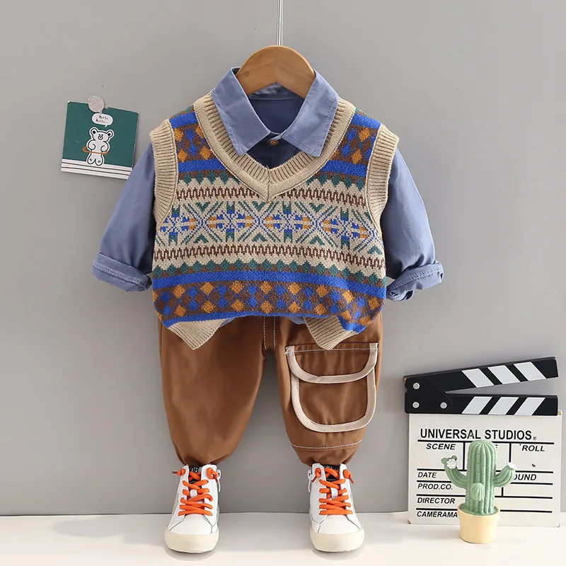 

First Birthday Infant Boy Clothes 2023 British Style Wool Sleeveless Vest Shirts Pants 3PCS Tracksuits for Kids Boys Outfit Set