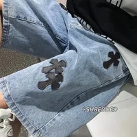 Summer Men's Denim Shorts Five-Point Casual Straight Leg Loose Fit Hong Kong Style Cross Label High Street Teenager Jeans
