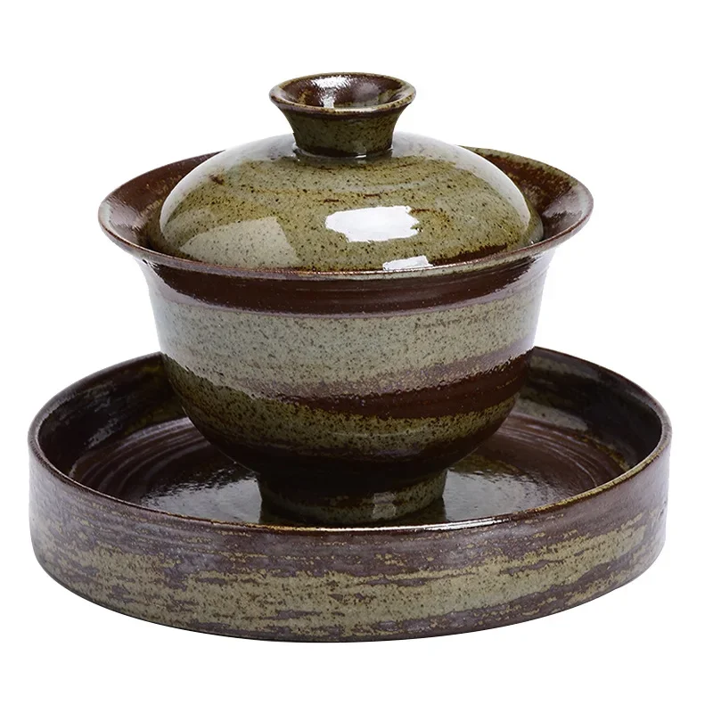 Japanese Style Handmade Stoneware Tureen High Temperature Reduction Burning Ceramic Gaiwan Tureen Kung Fu Tea Set Tea Bowl