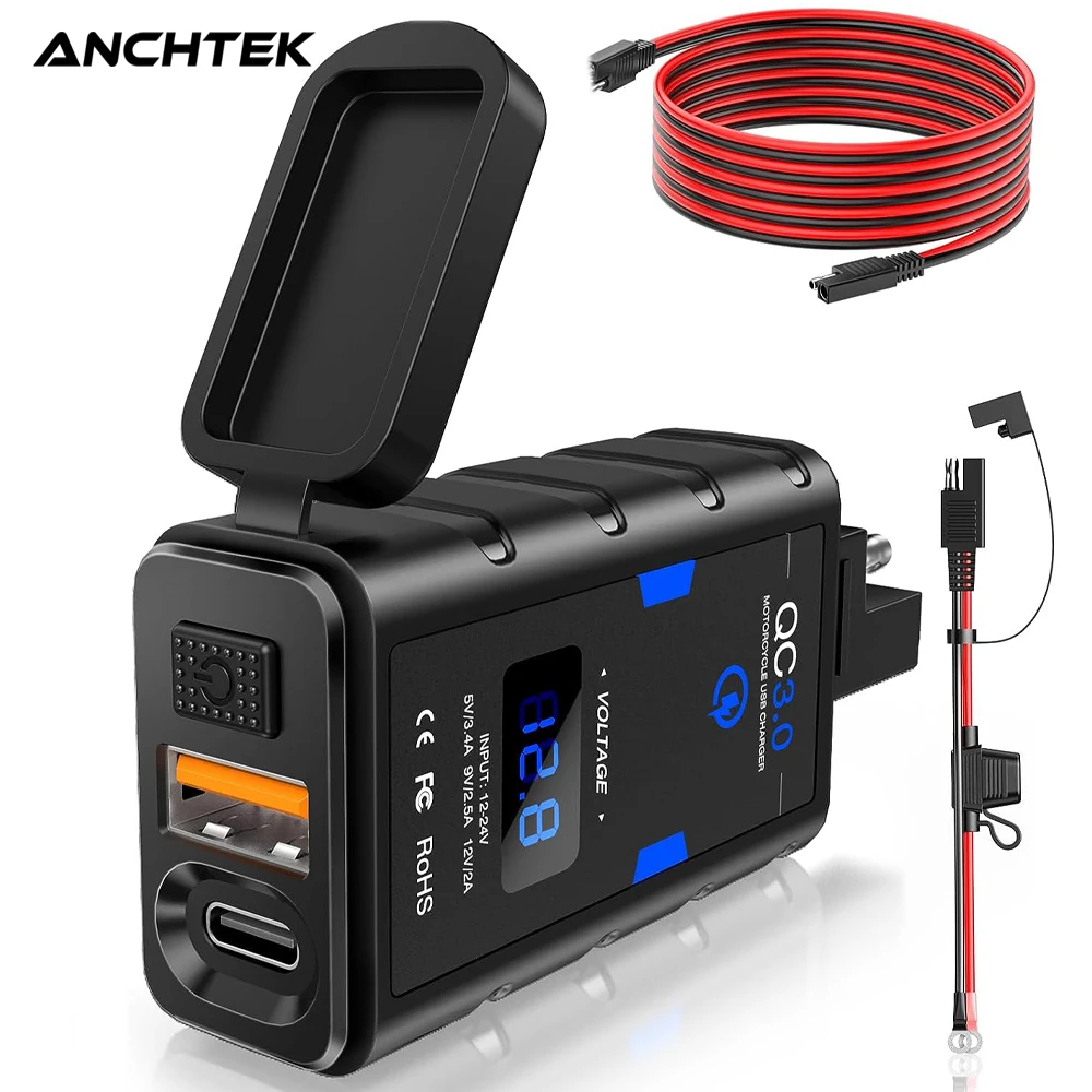 

Anchtek 6.4A 12V Motorcycle USB Charger Power Adapter Supply Socket Quick Charge QC3.0 Type C PD Motorcycle Phone Charger