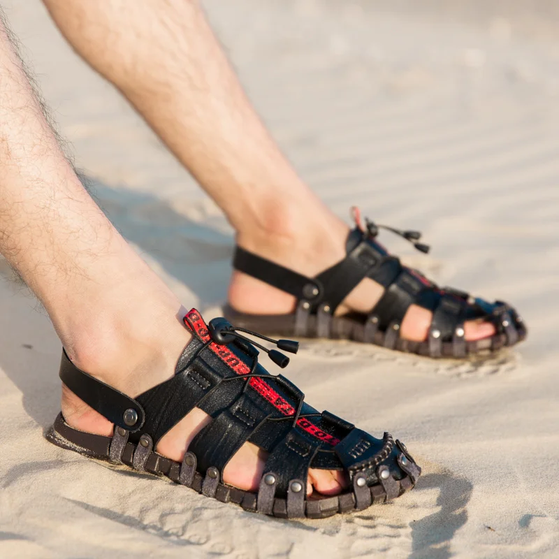 Man Casual Closed Toe Sandaler Läder Herr Promenader Utomhus Sandaler Sommar Strandskor Bekväma halkfria_voghion.com