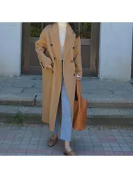 2022 Winter Korean Style High-End Handmade Double Breasted Black Long 100% Wool Coat Women Lapel Loose Warmer Woolen Jacket