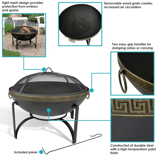 Sunnydaze 26-Inch Steel Wood-Burning Outdoor Fire Pit Bowl with Spark Screen, Log Grate, and Poker 2 Sunnydaze 26-Inch Steel Wood-Burning Outdoor Fire Pit Bowl with Spark Screen, Log Grate, and Poker 2