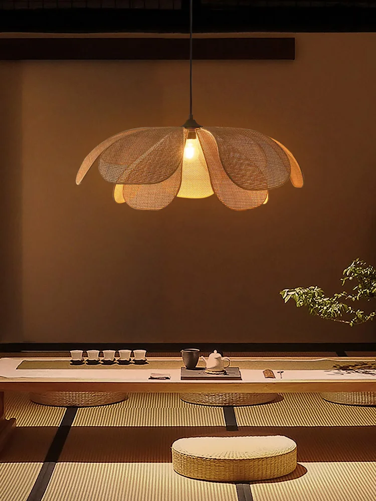 

Люстра в японском стиле для ресторана, тихая Потолочная люстра для гостиной, спальни, обеденного стола, ретро лепестков ротанга, плетеная гостиная, балкон