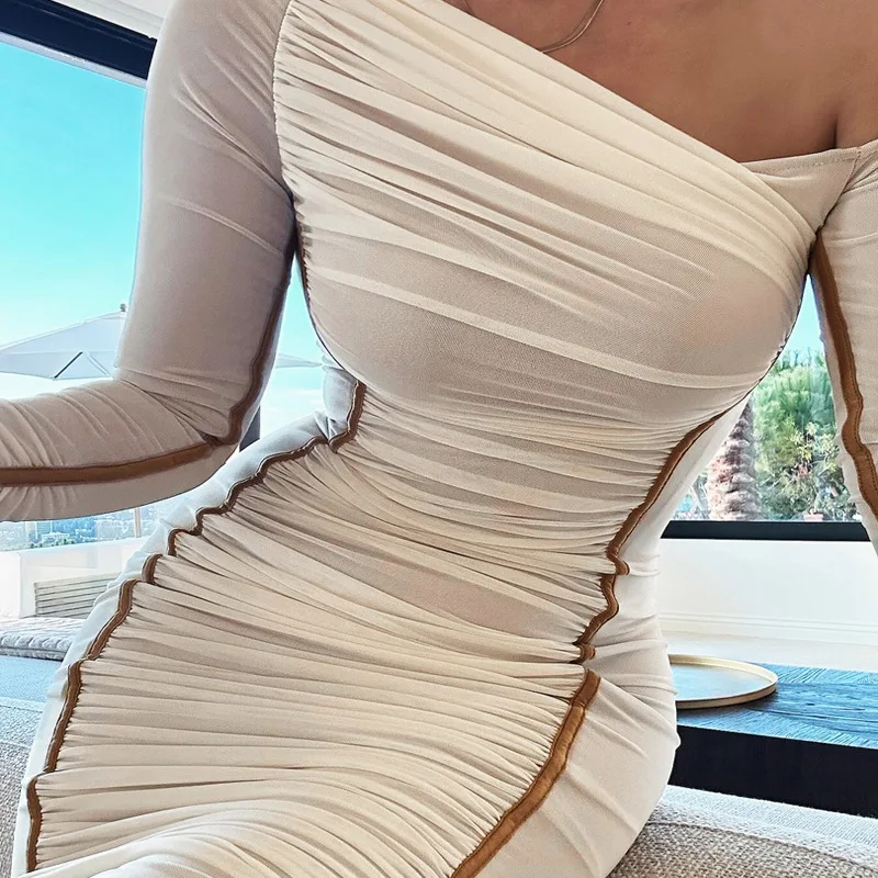 White Mesh Off-Shoulder Maxi Dress Female Long Sleeve Patchwork Fashion Contrast Summer Backless Ladies Party Long Dress