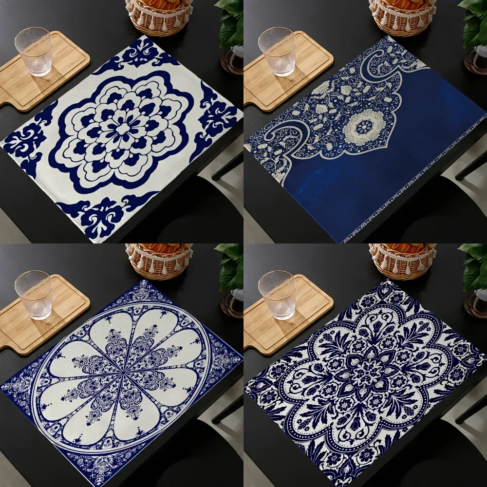 중국풍 식탁매트 1개, 청화백자 만다라 무늬, 가정 장식, 식탁, 연회 및 특별 행사 용품, 테이블 데코
