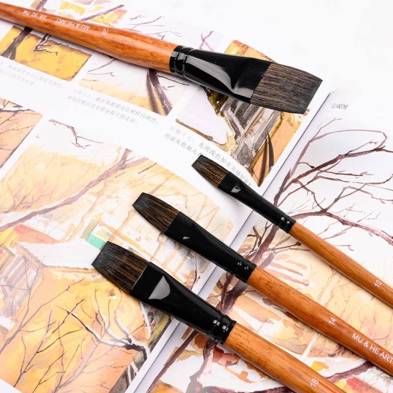 Squirrel Hair Mixed Flat Head Brushes Oak Wood Handle Artist Watercolor Acrylic Painting Tool 208F MU HE ART