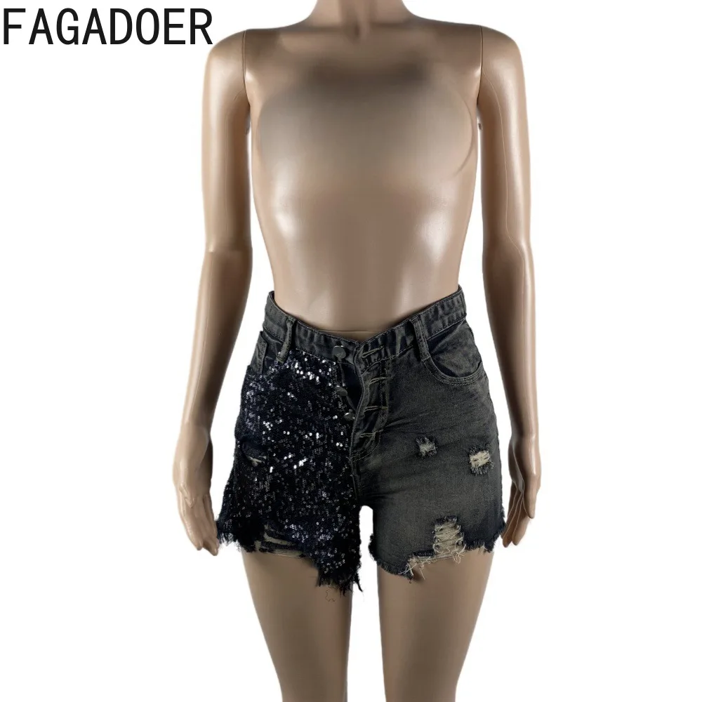 FAGADOER Fashion Y2K Hot Girl Streetwear Women High Waisted Button Sequin Splicing Denim Shorts Female Elastic Cowboy Bottoms