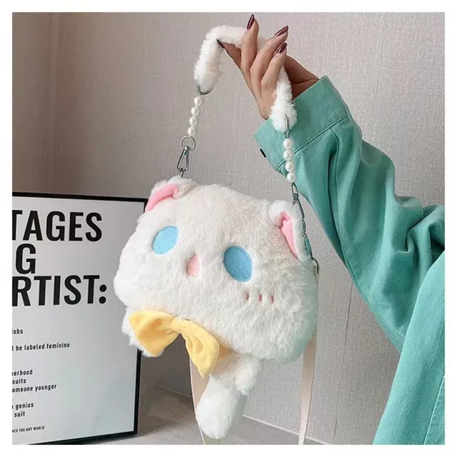 Borsa A Tracolla A Forma Di Gattino + Ciondolo | Peluche E Poliestere | Bianco - Foto 13