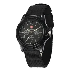 Army Green Military Sports Analog Quartz Wristwatch with Nylon Band (Black)