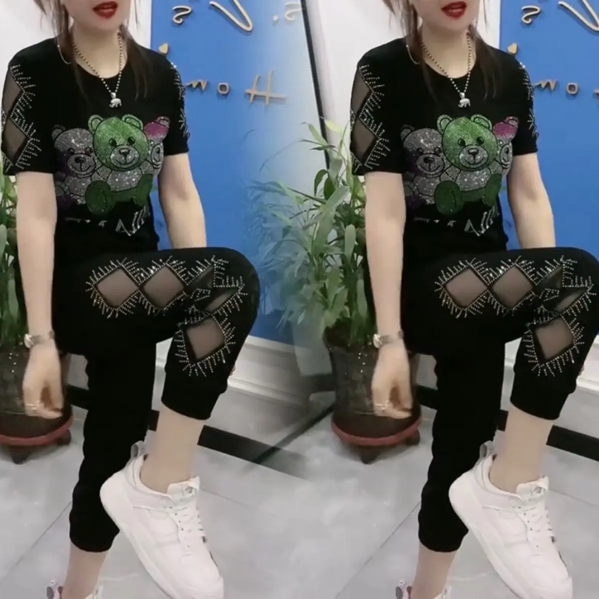 

2023 Summer New Casual Sports Suit Women's Exquisite Rhinestone Short-Sleeved Sweatpants Loose Slimming Two-Piece Suit Fashion