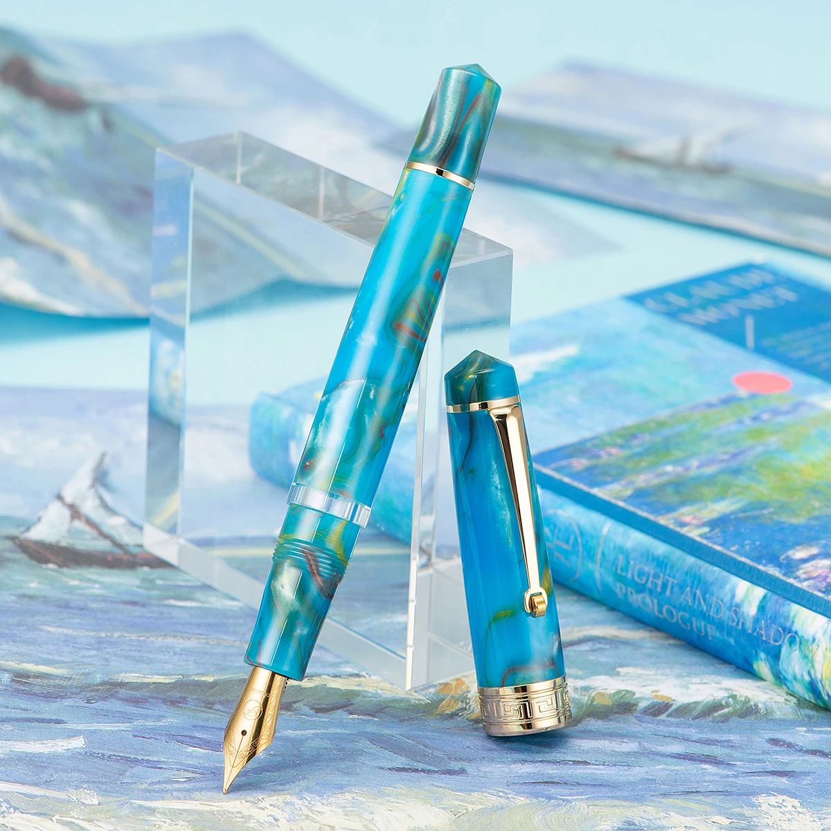 Asvine P20 Piston Filling Fountain Pen Acrylic Beautiful Blue-Green Patterns EF/F/M Nib Golden Clip Smooth Writing Office Pen