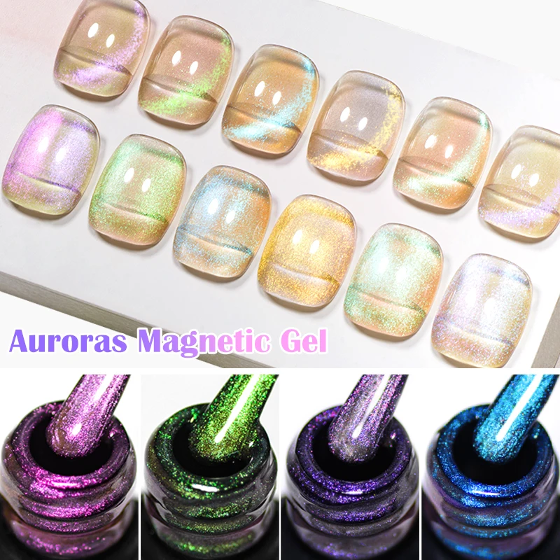 MEET ACROSS 9Pcs Auroras Cat Magnetic Gel Nail Polish Set 7ml Semi Permanent Varnish Shining Pink Blue Fairy Maget Gel Nails Kit 2