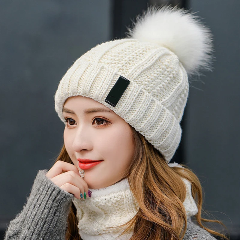 

2PCS Winter Women Ladies Wooly Thick Knit Hat and Scarf Set Knitted Woollen Winter Hats for Women 2022 New