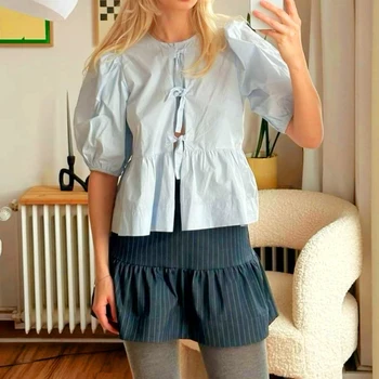 Fashion Women Peplum Shirt Puff Short Sleeve Lace Up Bow Blouse Tie Open Front Ruffle Hem Blouses Tops Streetwear 2