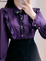 2025 Woman Cute Sweet Girls Thin Semi Transparent Ribbon Bow Tie Retro Vintalge Top Blusas Purple Green White Button Shirts - Image 3