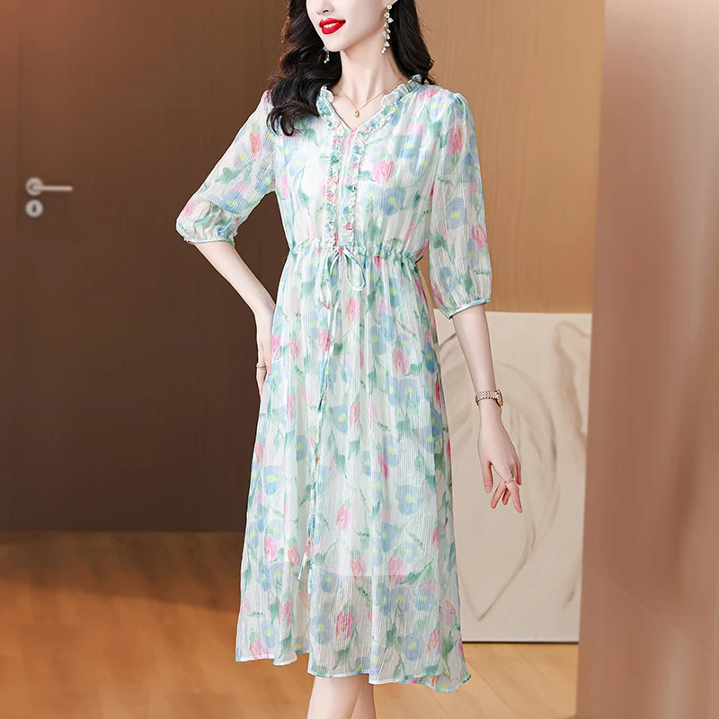 

2024 Summer New Casual Silk Elegant Midi Dress Women's Luxury Bodycon Vintage Evening Vestidos Holiday Party Chic Pretty Dresses
