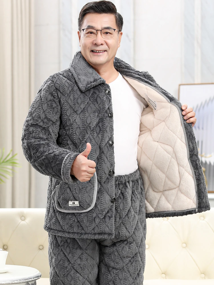 Pajamas Men's Thickened Warm Autumn Winter Three-Layer Quilted Middle-Aged Elderly Home Wear Lapel Geometric Pattern Embroidery