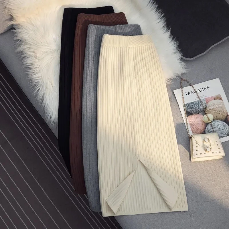 

Grey Beige Black Knitted Long Full-Skirted Elegant High-Waisted Women'S Spring Autumn Winter Skirts Korean Style Fashion 2023