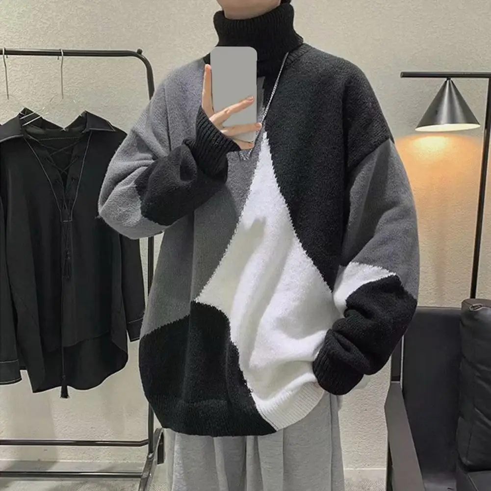 

Long Sleeve Sweater Men's High Collar Colorblock Knitted Turtleneck Sweater Warm Thick Pullover for Autumn Winter Casual for Men