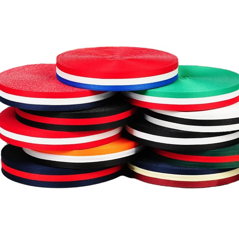 Tri Color Striped Woven Ribbon 5yards 10/15/20/25/30/40mm Embroidered Thickened 100D Backpack Woven Ribbon Medal Strap ribbon decoration ribbon supplies sewing ribbon web strap ribbon
