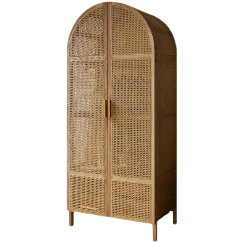 

Modern minimalist solid wood wardrobe, bedroom with double doors and drawers, large wardrobe, simple rattan storage cabinet