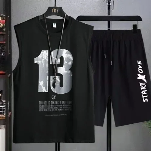 2025 여름 남성 세트 캐주얼 통기성 2 피스 티셔츠 + 반바지 정장 남성 Tracksuit 루즈 조끼 조깅 민소매 탑 남성 정장