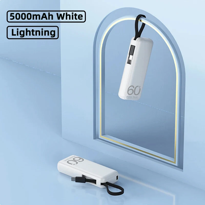 5000mAh Mini Power Bank With Type-C/Lighting Cable Fast Charger Portable External Battery for iPhone 16 Samsung Xiaomi Powerbank
