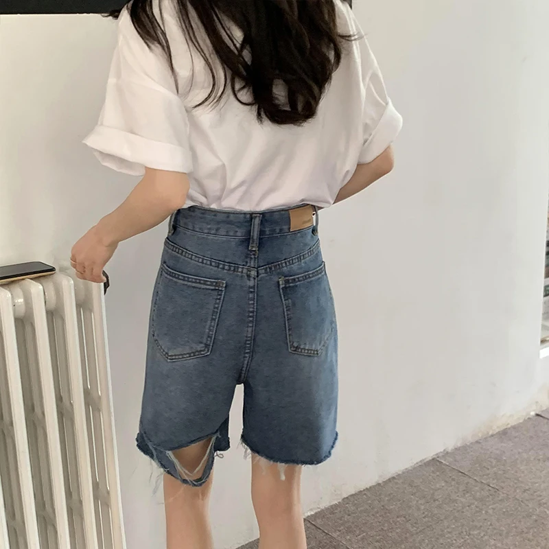 korean dress Women Summer Solid Denim Shorts Y2K Korean High Waist Blue Hole Jeans Shorts 2022 Casual Washed Short Pants Female Ropa Mujer mens swim shorts