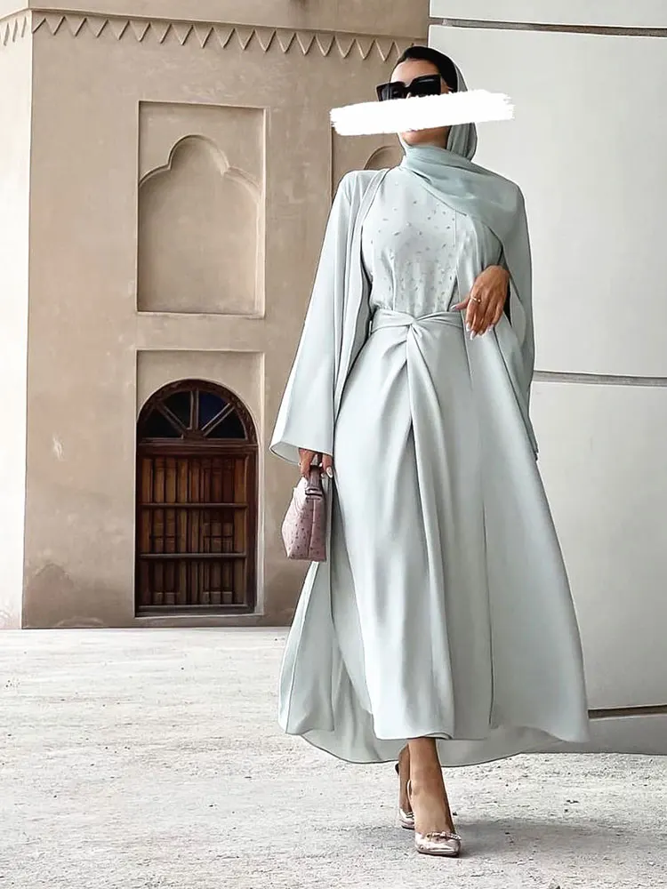 Eid комплекты для мусульман 3 штуки женщин летнее Открытое платье из бисера абайя