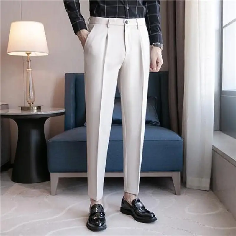 Spring and Autumn Fashion Casual Business Korean Edition British Style High Waisted Slim Fit Dark Striped Cropped Suit Pants