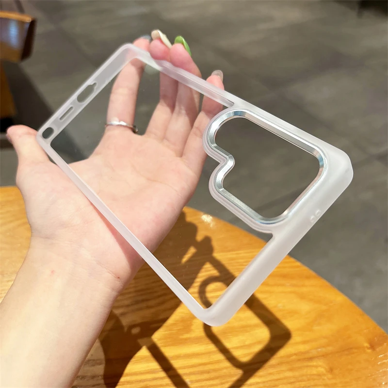HD Transparent Acrylic Case with Metal Camera Ring and Silicone Bumper Armor, Shockproof Hard Cover