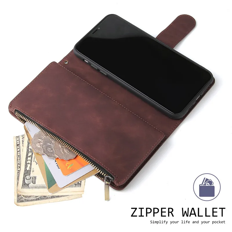 Leather Zipper Purse Flip Wallet Phone Case with Multi-Card Slots