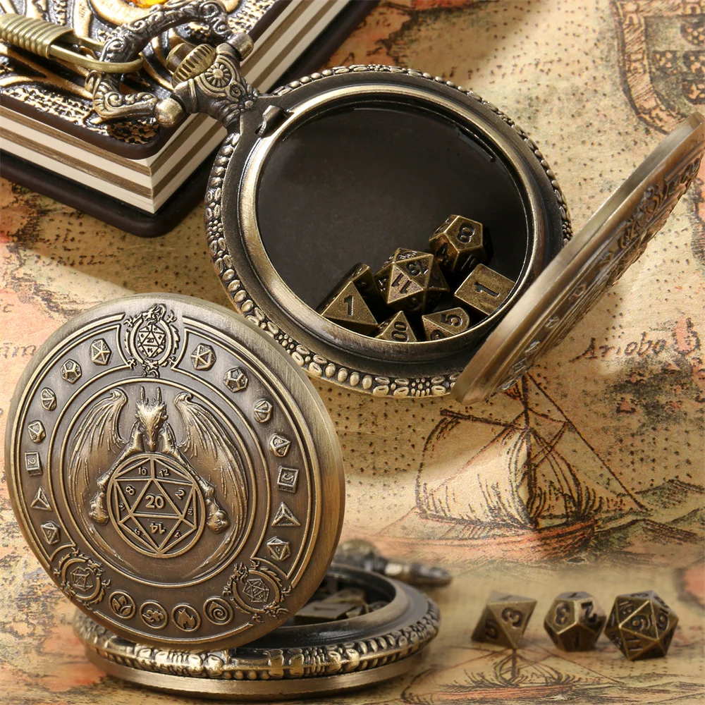 Vintage Steampunk Metal Pocket Watch Case with Mini Dices Set