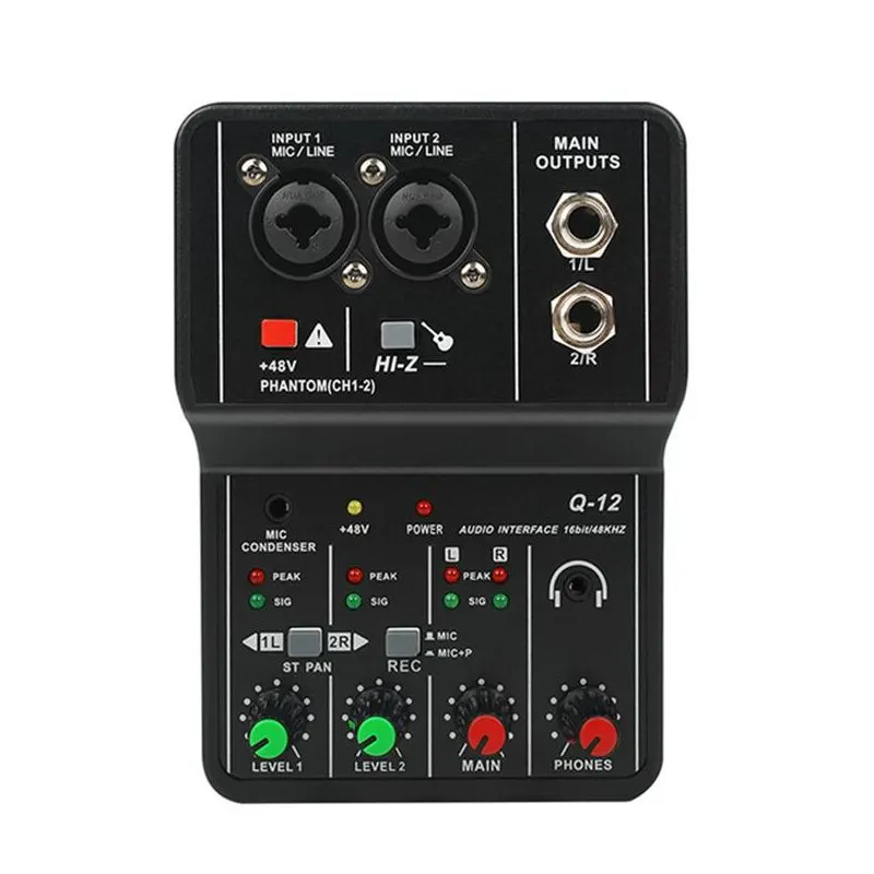 Audio Mixer Q-12 Professional Portable Mixer Sound Card with Monitor for Electric Guitar Live Broadcast Recording Studio Singing Computer PC