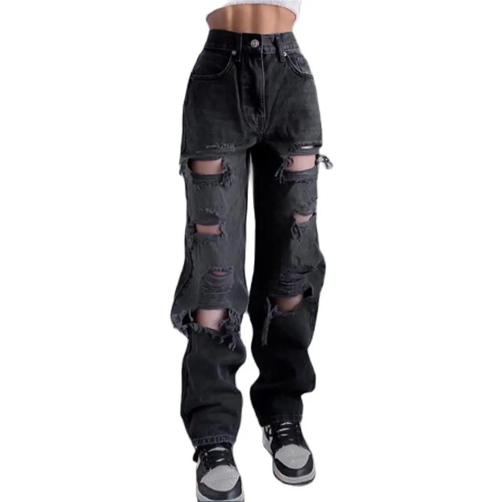 boyfriend jeans 2022 Europe-USA Style Women/Girl High Waist Broken Hole Water Washing Straight Type Jeans Harajuku Vintage Hip-Hop Cowboy Pants black jeans