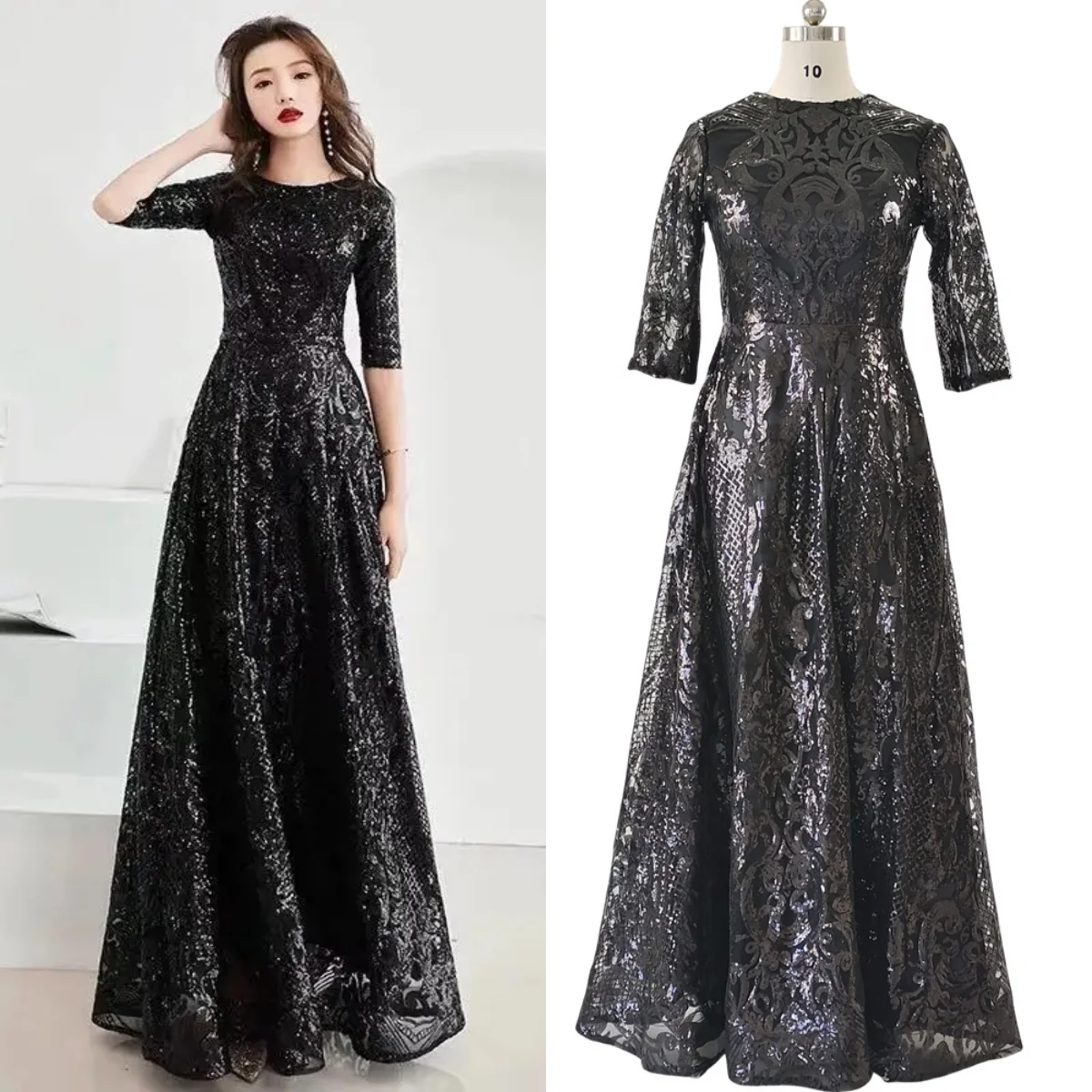 

Bling Evening Dress Burgundy Black Sequins Boat Neck Half Sleeves Lace up A-line Floor Length Plus size Women Party Formal Gown