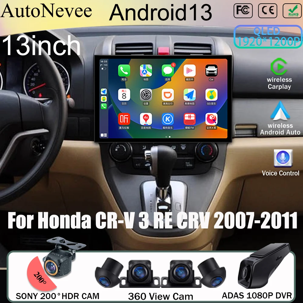 

13inch Android For Honda CR-V 3 RE CRV 2007-2011 Auto Radio Multimedia Carplay Stereo Video Car Screen Navigation No 2din DVD BT